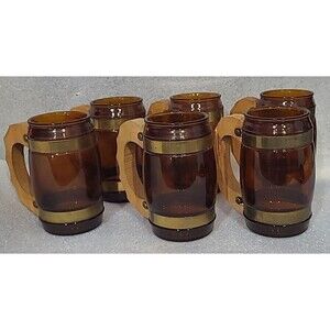 Vintage Siesta Ware Western Amber Brown Barrel Mug Set Of 6